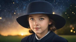 little very young Amish girl, beautiful, peaceful, gentle, confident, calm, wise, happy, facing camera, head and shoulders, traditional Amish costume, perfect eyes, exquisite composition, night scene, fireflies, stars, Amish landscape, beautiful intricate insanely detailed octane render, 8k artistic photography, photorealistic concept art, soft natural volumetric cinematic perfect light, chiaroscuro, award-winning photograph, masterpiece, Raphael, Caravaggio, Bouguereau, Alma-Tadema