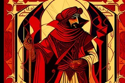 Stylized Arabian Nights knave, In the style of Tarot and Art Deco, Red colours