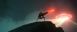 volume fog light, hyper real rock ant lizard cricket man general with hi tech transcendent weapon arsenal from hell, guarding bridge up to space saucer neon plastic transparent