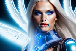 A beautiful portrait of a cute smiling cyber woman with wings, long blond platinum hair, luminous blue eyes, high key lighting, volumetric light high details with blue and white stripes white luminous celtic paterns, beam starry background