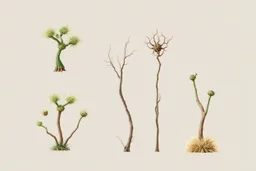 "Isolated concept art of multiple types of alien tree plant on a plain neutral background. Designed for Desert biome – dry, spiky, brittle grass with sharp edges, thorn-like blades, and pale dusty colors