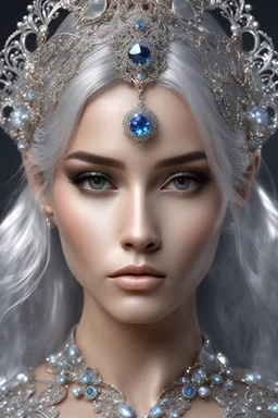 AI 3d photo realistic portrait of young woman, beautiful, shiny hard eyes, make up, Fantasy style, shiny baubles, ornate, large gemstones, shiny molten metalics, shiny wire filigree, silver hair, high definition, high res, octane render, 64k, 3d