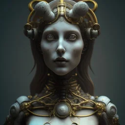 a greek marmor statue of a woman, steam punk, scary, horror, realistic, made in octane, cinematic, movie, CGI, ultra-realistic, extremely detailed octane rendering, 8K, VRAY Super Real ar 2:3, dof photorealistic futuristic 50mm lens hard lighting dark gray tintype photograph, realistic lighting, sephia colors