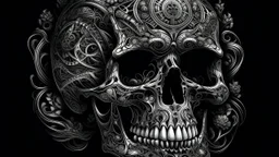 A surreal and abstract skull-like structure composed of intricate shapes, textures and organic patterns. The background is dark and the overall image has a monochromatic, high-contrast appearance, giving it a mysterious and otherworldly feel.