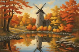 rustic stone windmill on banks of a still pond in autumn forest, reflective, New England autumn foliage, by Norman Rockwell and Brian Skerry, artistic, impressionism, oil painting, amazing perfect reflection in pond, artistic, concept art, natural lighting, beautiful, scenic