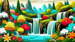 landscape of an exotic place with waterfalls and flowers
