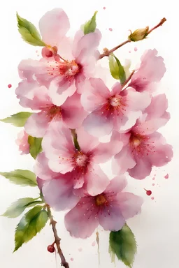 watercolor painting of closeup of pink cherry flowers in isolation on white background, highly realistic details, strong contrast, in the style of Richard Schmid, central composition, minimalistic, masterful, skillfully painted, natural colors, vivid colors, white background