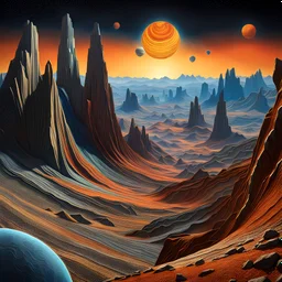 An incredibly peaceful detailed landscape, Max Ernst, one-line drawing, Haji Widayat, rock formations, planets and stars, primordial nature, sun, strong texture, extreme detail, intricate, strong colours, high resolution, volumetric light, 8k, 3d, cinematic, rich moody colors, sparkles, 55mm photography, 8k, sharp focus, volumetric light, ZBrush