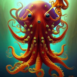 portrait of an octopus with fish in background in the style of Chris Ryniak