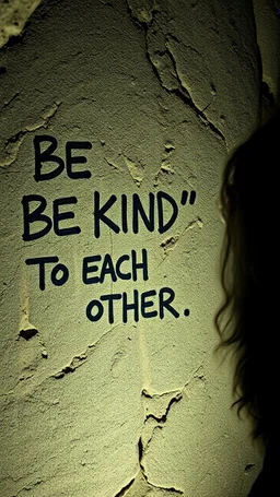 A hand writing On cave wall written “BE KIND “ “ TO EACH OTHER “ an old man with bear and king hair died by the cave wall , a dim lighting great quality picture with primitive style