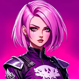 front face,profile picture,2dcg,anime art style,purple and white color,princess hair cut ghoul biker lady,pure pink color background,gore,violence,Decapitation,dismemberment,disturbing,Monster,guts,morbid,mutilation,sacrifice,butchery,meathooks,no hands,do not draw hands