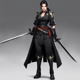 She embodies dual authority, her black attire bearing a distinct insignia that marks her affiliation with a powerful order. Skillfully dual-wielding firearms of different calibers, and with a katana at her waist, she is a versatile and highly trained enforcer. The high slit in her skirt allows for unrestricted movement, a blend of traditional form and practical deadliness.