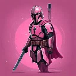 mandalorian in pink armor, in 2d cartoon art style, background space