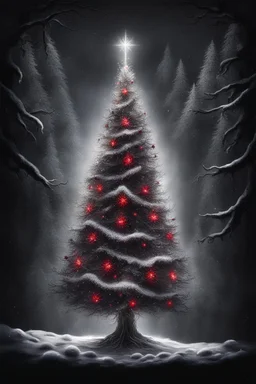 a beautiful illuminated silver and white light Christmas tree stands in a dark room, dark shadows behind it, and small evil red eyes shining behind it in the dark, scary atmosphere, little glimmering light, snow falling on the window, dark, deep colors, small details, surreal, thriller cinematic, masterpiece, intricate details