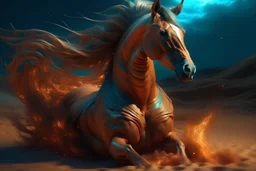 a horse that is sitting in the sand, digital art, by Roberto Parada, zbrush central contest winner, fantasy art, swirling flames, amazing color photograph, anton fadeev and dan mumford, trending on deviantarthq”, goddess of fire, ultra realistic”, ultra realistic ”, michael page