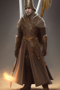 A commander with a black cloak and a long coat with long combat boots and a long spear with his Helmet is golden under his cloak like assasins With a magical power in his hand and a white anklet and boots