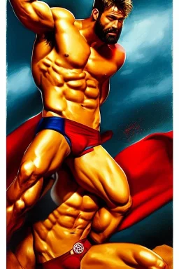 Ignore NSFW, teenager young rugged attractive slightly muscular fantastic handsome man, red briefs with yellow belt, hairy chest, (((visibly pisssing))) briefs, large erect visible boner peniss, photorealistic, artist Jay Anacleto, soft lighting, scruffy beard