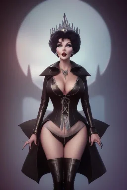 Joan Collins as evil queen in black leather, leather, busty, cleavage, angry, stern look. character design by cory loftis, fenghua zhong, ryohei hase, ismail inceoglu and ruan jia. unreal engine 5, artistic lighting, highly detailed, photorealistic, fantasy