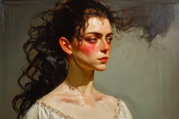 Egon Schiele, Andrea Kowch, Jean-Giraud Moebius, figurative abstract expressionist art, somber Gothic female vampire sorceress,full body portrait perfection,abstract painting ,acrylic art,oil paint,sharp brush strokes, fine palette knife, highly detailed hair and facial features, rugged skin tones, subdued natural colors, museum quality render