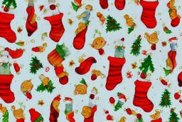 giftwrap pattern with watercolor of christmas stockings, children's book illustration, white parchment paper, wrapping paper, white linen, in the style of e. h. shepard, in the style of classic winnie the pooh