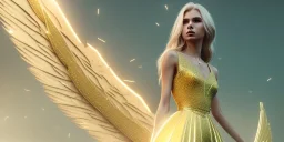 subtle queen, atmospheric, realistic, unreal engine, cinematic lighting, octane render, transparent long dress, blonde, full body, bright wings, smile, long hair