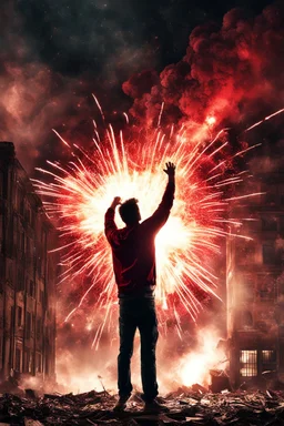 Young man standing, with arms raised, in front of an exploding building at night, with red lightening around him