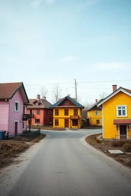 Fotografia di strada random assurda e falsa orripilante Moldavia Transnistria Adighezia weirdcore dai colori vivaci. Non luogo falso, inusuale. Max Ernst. Le case sono false e dipinte di chiaro con cose stilizzate e dettagli. Ci sono strane. , che danno un senso distopico e molto surreale, disposte in modo casuale. L'atmosfera generale sembra noiosa e onirica, con un contrasto tra elementi reali ed elementi dipinti falsi, René Magritte