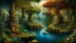 Imaginary landscape trees. . And he sells. Meh. lake.Underwater ornamental fish perfect anatomy, fantasy, vibrant digital art professional award winning masterpiece, oil on canvas Atmospheric extremely detailed Josephine Wall