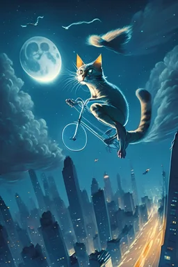 A pedaling cat riding a bicycle is flying at night in the sky over tall buildings.