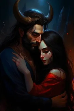 Painting, Beard, dark hair, demon prince, horns, handsome, mysterious, gentle, hugging a beautiful woman with long dark hair, celestial