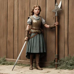 [high res photography by Ray Harryhausen] Joan:A farmer girl from Domremy, a village in medieval France, touched by a divine calling at a tender age. She presents all sorts of pole arms on a wooden wall: Spear Halberd Guisarme Partisan Bardiche Bec de Corbin Ranseur Voulge Bohemian earspoon Fauchard Lochaber