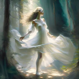 A sweet delicate music surrounding a gracious girl dancing barefoot in a forest, detailed beautiful face, she's wearing a white transparent dress, looks like a painting, volumetric lighting, depth of field