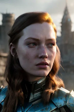 ultrarealistic, concept art, panoramic, ruined city,__intricate fantasy armor__, no star, __angles__, 18 year old woman, strikingly beautiful,ginger hair, _colour_, (pale __skincolor__ skin:1.2), __camera__, long hair, detailed face and eyes, medium breasts, sci-fi theme, freckles, dynamic pose, resolved expression, __accessory__, strappy outfit, (straps:1.1), sword in scabbard on left hip, (buckles, buttons, snaps, rings:1.0), haltertop style breastplate, detailed eyes, plump lips