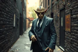 Orc mafia enforcer in a suit standing in an alleyway