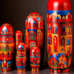 A red smoking village designed in Matryoshka nesting dolls painted by Wassily Kandinsky