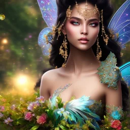 black skin fairy, beautiful portrait, flowery landscape