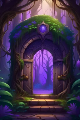 porta di legno con dentro un portale magico di colore viola con dietro una giungla