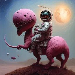 1yo little boy is on safari on the moon. riding a pink dinosaur. he has big and a funny hat. High detailed. Cinematic. oil on canvas painting. Warm lights. beksinski