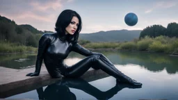 fantasy photo of a woman in an android looking catsuit, with black hair, sitting on a ledge over a pond, wearing an android-looking catsuit, sideways, with a planet behind her