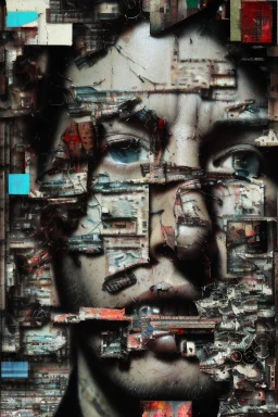 Ultra detailed medium portrait painting of close-up surrealism,disturbed person looking into the camera lens , torn up collage of clippings, broken circuitry background, matrix effects, punk visual art, punk art aesthetic, graffiti art, pop surrealism, collage art, cluttered paint glitches