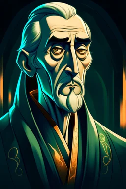 A portrait of Christopher Lee in his forties, dressed as an elven mage in expensive robes, in the style of Genndy Tartakovsky