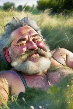 Portrait photography, 35mm lens lens, a happy smiling muscular Sardinian shepherd burly chubby man 58 years old, talking lying down in the meadow near a little tree, ugly and dirty, bullneck, manly chest, in tank top and overalls, wild white beard, ambient occlusion, strong sunshine, emotive eyes, misery and poverty, side view