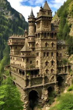 A brown castle made out of stone on a canyon designed in German folk art