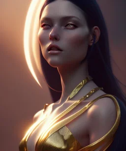 Holy Virgin, celestial light, beautiful, long fabric dress, beautiful long black hair to the waist, snake around body, head and shoulders portrait, 8k resolution concept art portrait by Greg Rutkowski, Unreal Engine 5 volumetric lighting