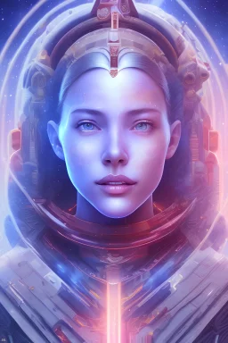 portrait young woman cosmic admiral from the future, one fine whole face, large cosmic forehead, crystalline skin,expressive blue eyes, blue hair, smiling lips, very nice smile, long hair, combinaison spatiale blanche pleiadian , belles couleurs arc en ciel,lumiere et couleur dorée
