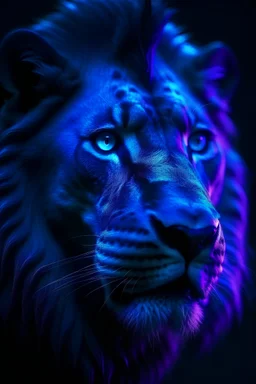 Retrato em 4k, leão tenebroso, com tons de violeta, e com raios azul que dá um sentimento de medo
