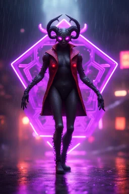 Volumetric fog spider satyr lights,paradise sacred geometry framed playing card, black, red, spore and purple neon fire cyber punk dancer thief in soaked rain coat shadows boss card in the style of giger and fallout 4 ,,bokeh like f/0.8, tilt-shift lens 8k, high detail, smooth render, down-light, unreal engine