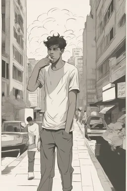 A 25-year-old boy in a men's sports tee is walking in the city, thinking with his head down, smoking a cigarette, and possessing the power of a god