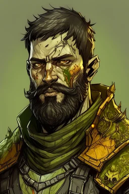 a fantasy zombie soldier. dark short hair, short beard. paladin armour, color green gold and yellow. missing part of cheek from rot. drawing.