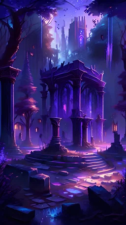 An ancient abandoned city center square in a forest that has grown over the city over the centuries with fireflies in high fantasy style that gives off a cozy vibe, blueish and reddish/purple hue